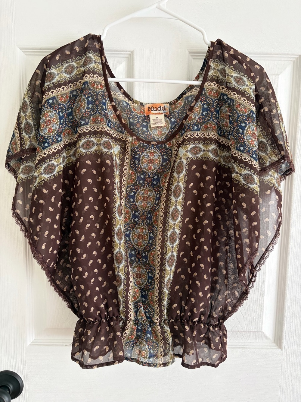 Mudd Brown Paisley Boho Sheer Flutter Top